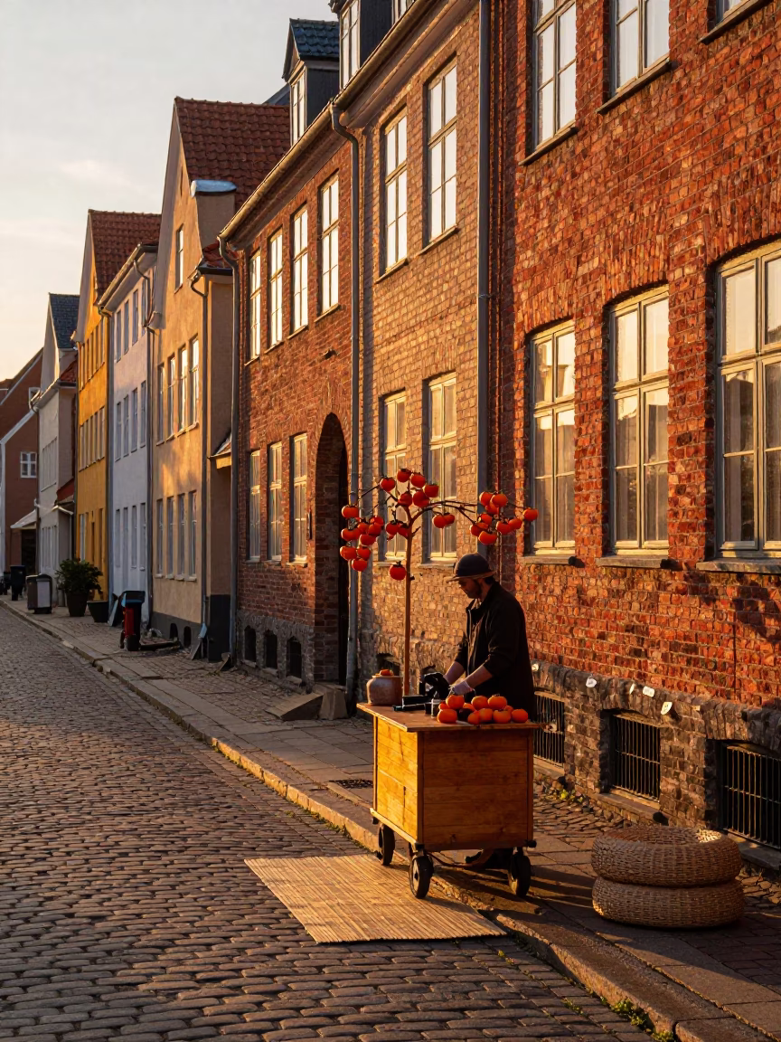Copenhagen Sunset Street Scene with Persimmons and Woven Mats in in Copenhagen, Denmark
