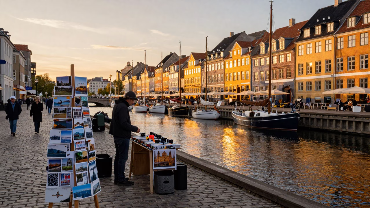 Copenhagen Sunset Street Scene with Postcards and Local Charm in in Copenhagen, Denmark