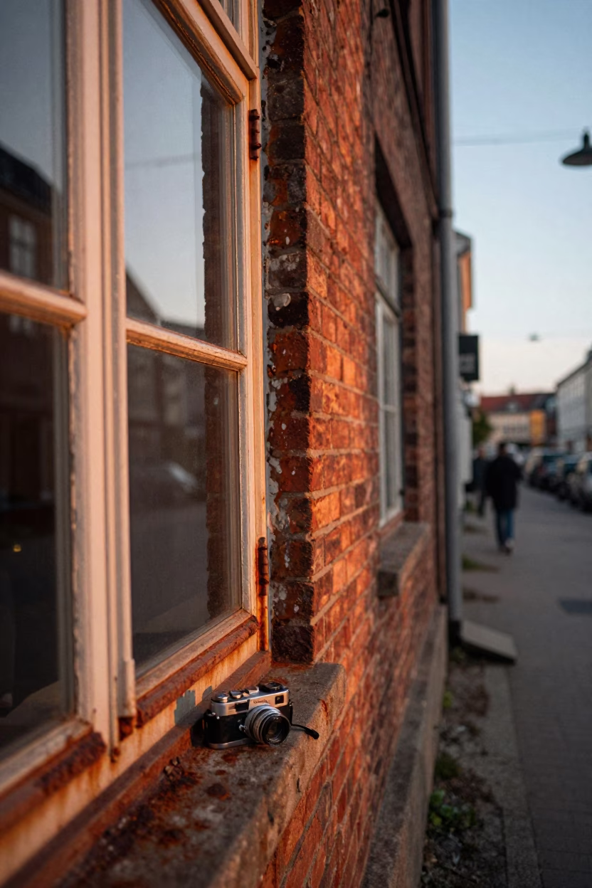 Copenhagen Sunset Street Scene with Rusty Window Sill and Urban Decay Details in in Copenhagen, Denmark