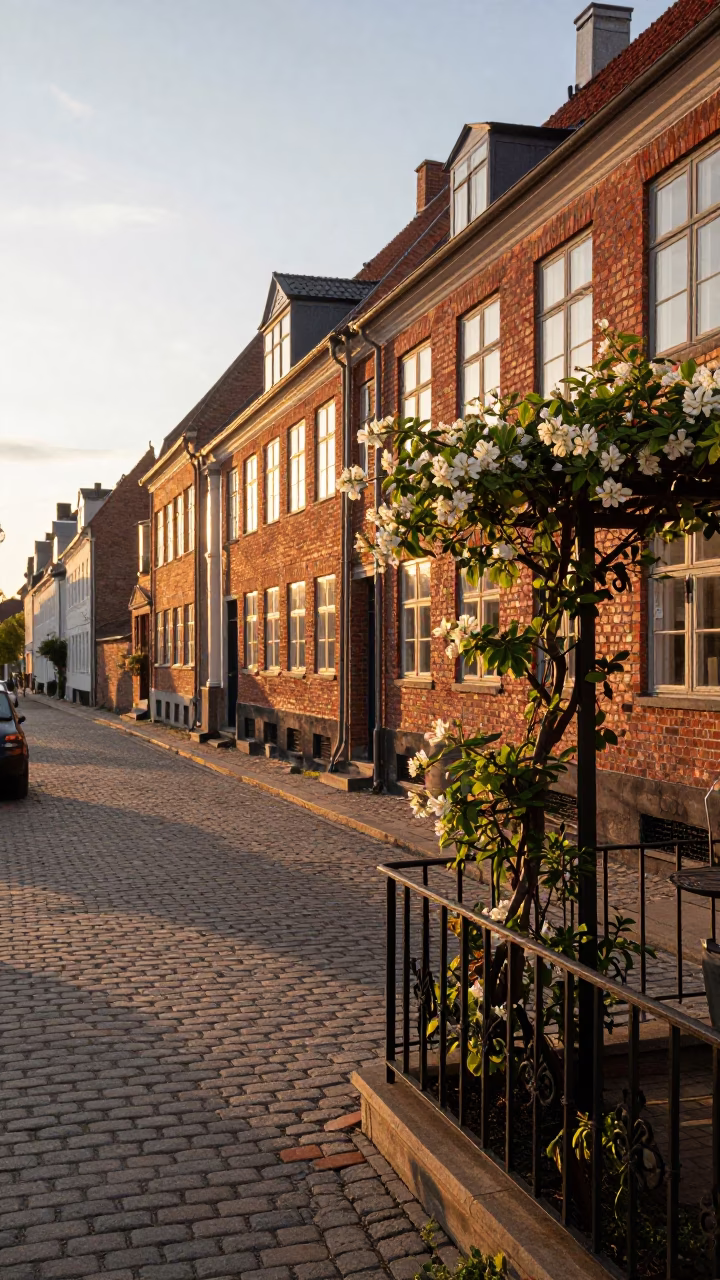 Copenhagen Sunset Street Scene with Sweet Pea Trellis and Nectarines in in Copenhagen, Denmark