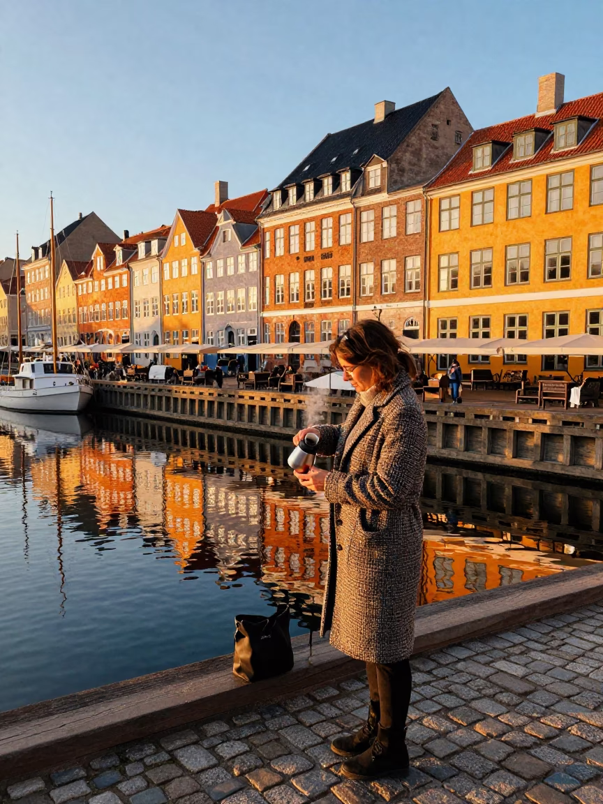 Copenhagen Sunset Street Scene with Thermos and Vintage Details in in Copenhagen, Denmark