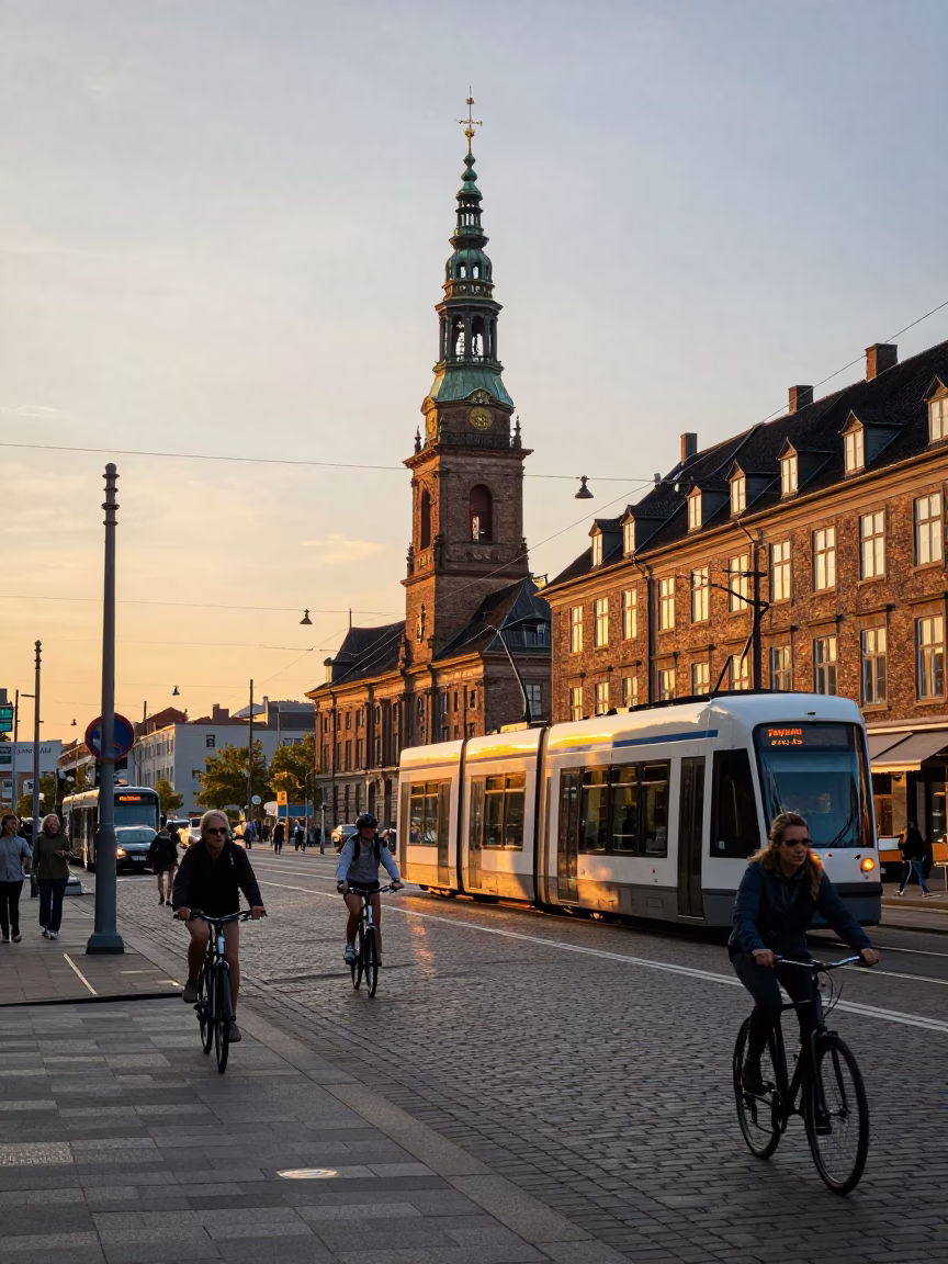 Copenhagen Sunset Street Scene with Tram and Cyclists Near City Hall in in Copenhagen, Denmark