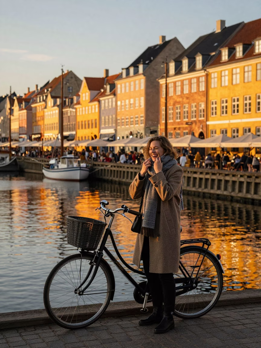 Copenhagen Sunset Street Scene with Vintage Bicycle and Harbor Tugboat in in Copenhagen, Denmark