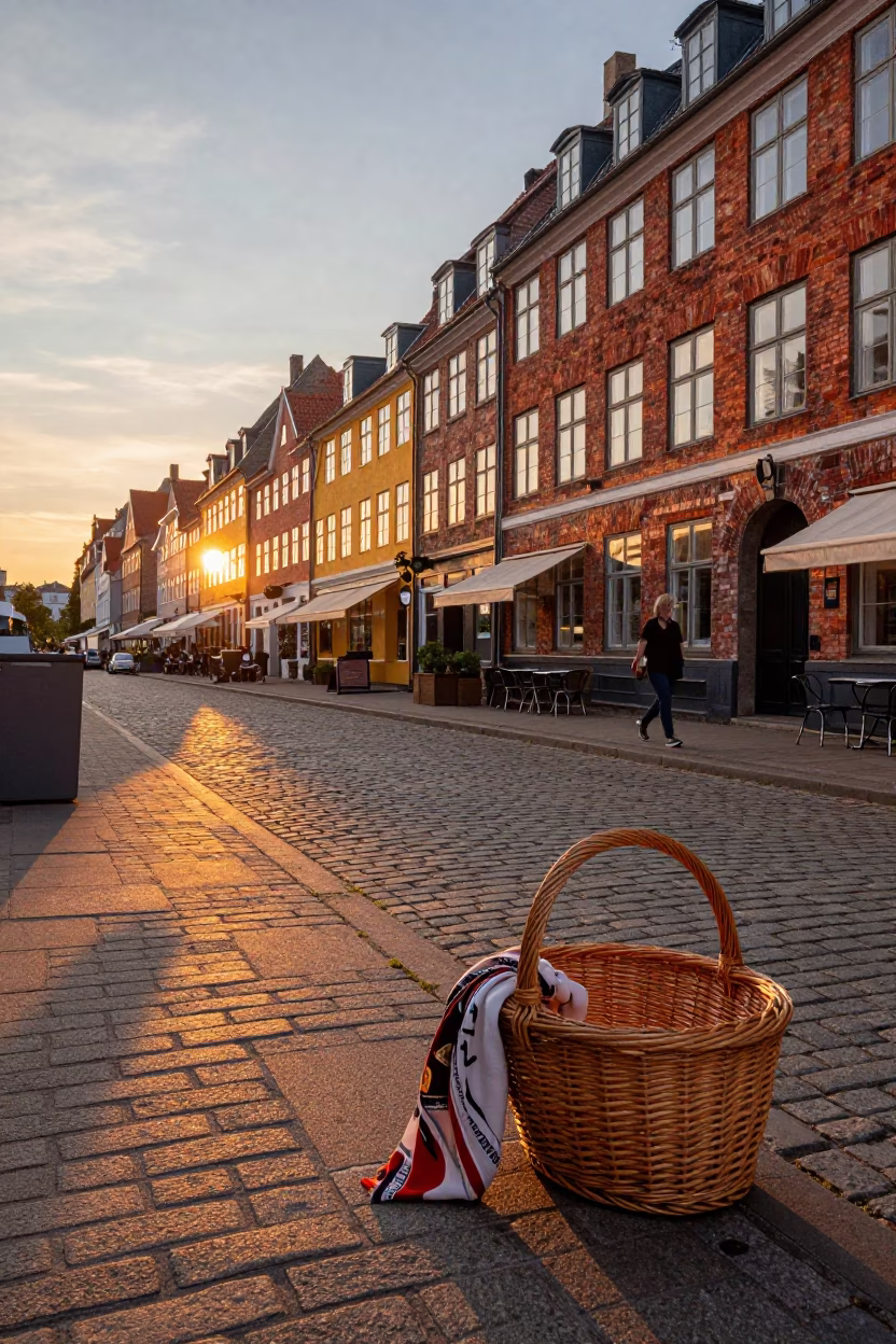 Copenhagen Sunset Street Scene with Wicker Basket and Scarf at Nyhavn in in Copenhagen, Denmark