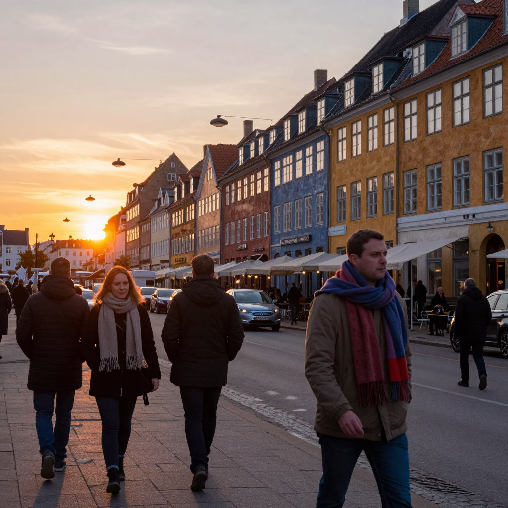 Copenhagen Sunset Street Scene with Wool Scarves and Urban Life in in Copenhagen, Denmark