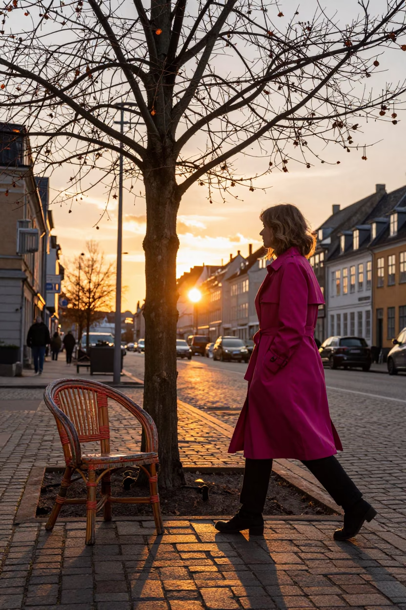 Copenhagen Sunset Street Style with Copper Beech Tree and Rattan Chair in in Copenhagen, Denmark