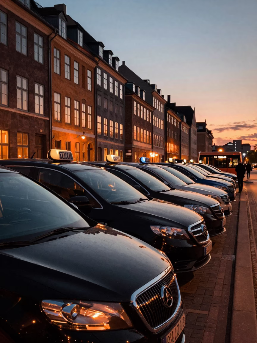 Copenhagen Taxi Rank at Twilight with Copper Light and Urban Street Details in in Copenhagen, Denmark