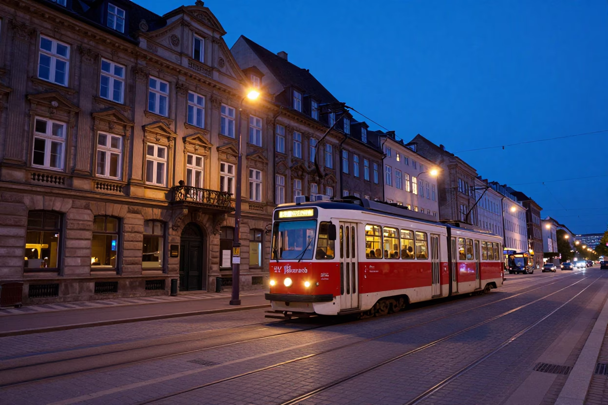 Copenhagen Tram Rattling Past Art Nouveau Facades in Indigo Twilight in in Copenhagen, Denmark