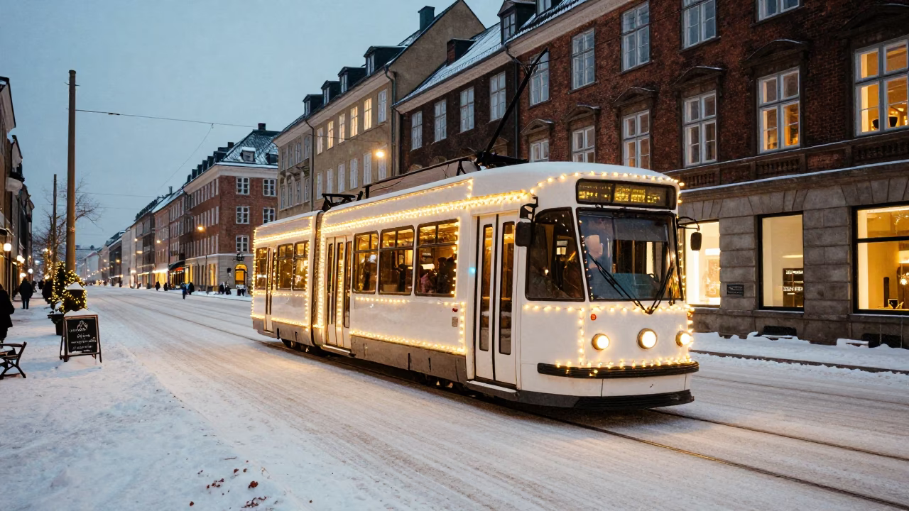 Copenhagen Tramcar Decorated for Christmas on Snowy Avenue at Dusk in in Copenhagen, Denmark