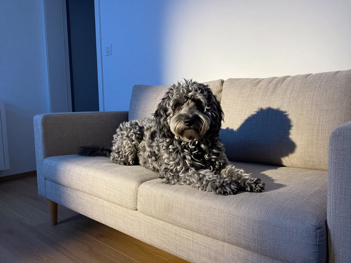 Copenhagen Tsvetnaya Bolonka Portrait on Sofa in on a sofa near a curtained window with calm indoor light in Osterbro, Copenhagen