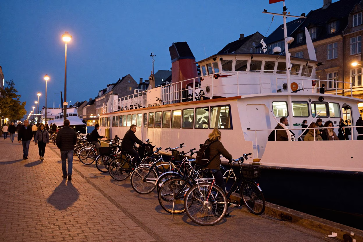 Copenhagen Twilight Ferry Dock Scene with Passengers Bicycles and City Skyline in in Copenhagen, Denmark