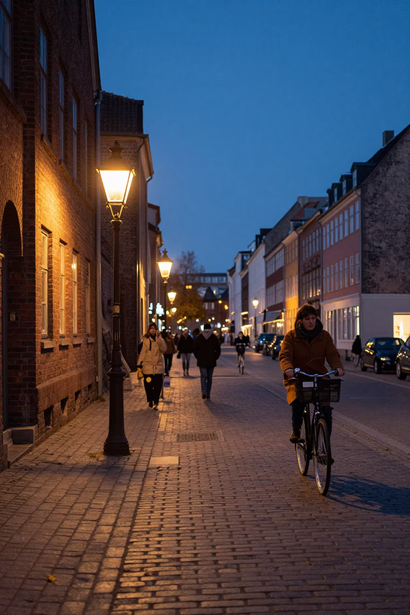 Copenhagen Twilight Street Scene with Bicycle and Pedestrians in Indigo Light in in Copenhagen, Denmark