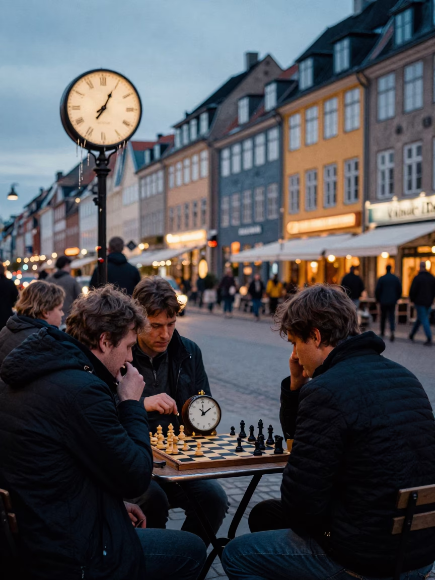 Copenhagen Twilight Street Scene with Chess Clock and Dripping Enamel Detail in in Copenhagen, Denmark