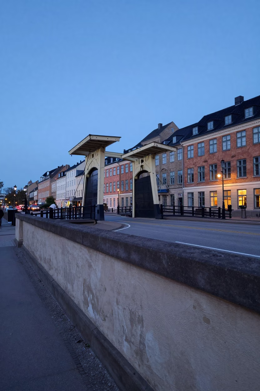 Copenhagen Twilight Street Scene with Drawbridge and Plaster Wall Details in in Copenhagen, Denmark