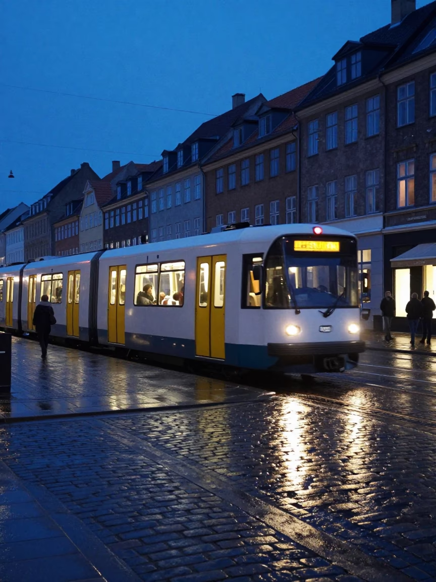 Copenhagen Twilight Street Scene with Metro Train and Cobblestone Path in in Copenhagen, Denmark