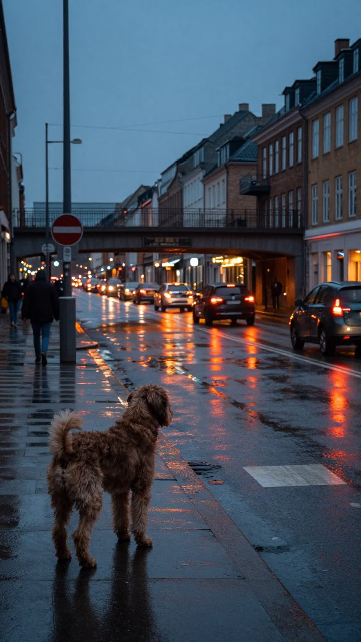 Copenhagen Twilight Street Scene with Overpass and Taillights in in Copenhagen, Denmark