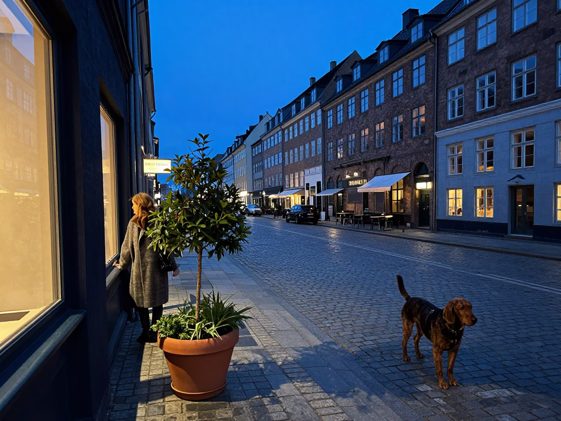 Copenhagen Twilight Street Scene with Potted Plant and Clumber Spaniel in in Copenhagen, Denmark