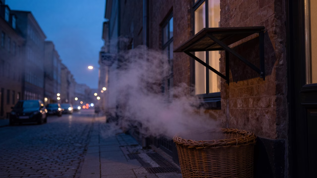 Copenhagen Twilight Street Scene with Steam Haze and Wicker Shadow on Brick Wall in in Copenhagen, Denmark