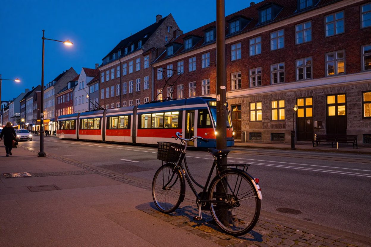 Copenhagen Twilight Street Scene with Vintage Bicycle and Tram Reflections in in Copenhagen, Denmark
