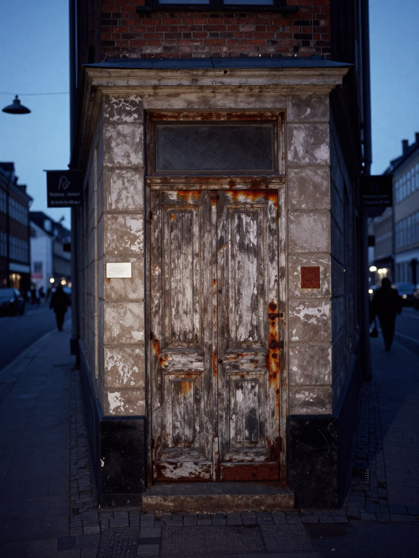 Copenhagen Twilight Street Scene with Weathered Wooden Door and Rusty Frame in in Copenhagen, Denmark