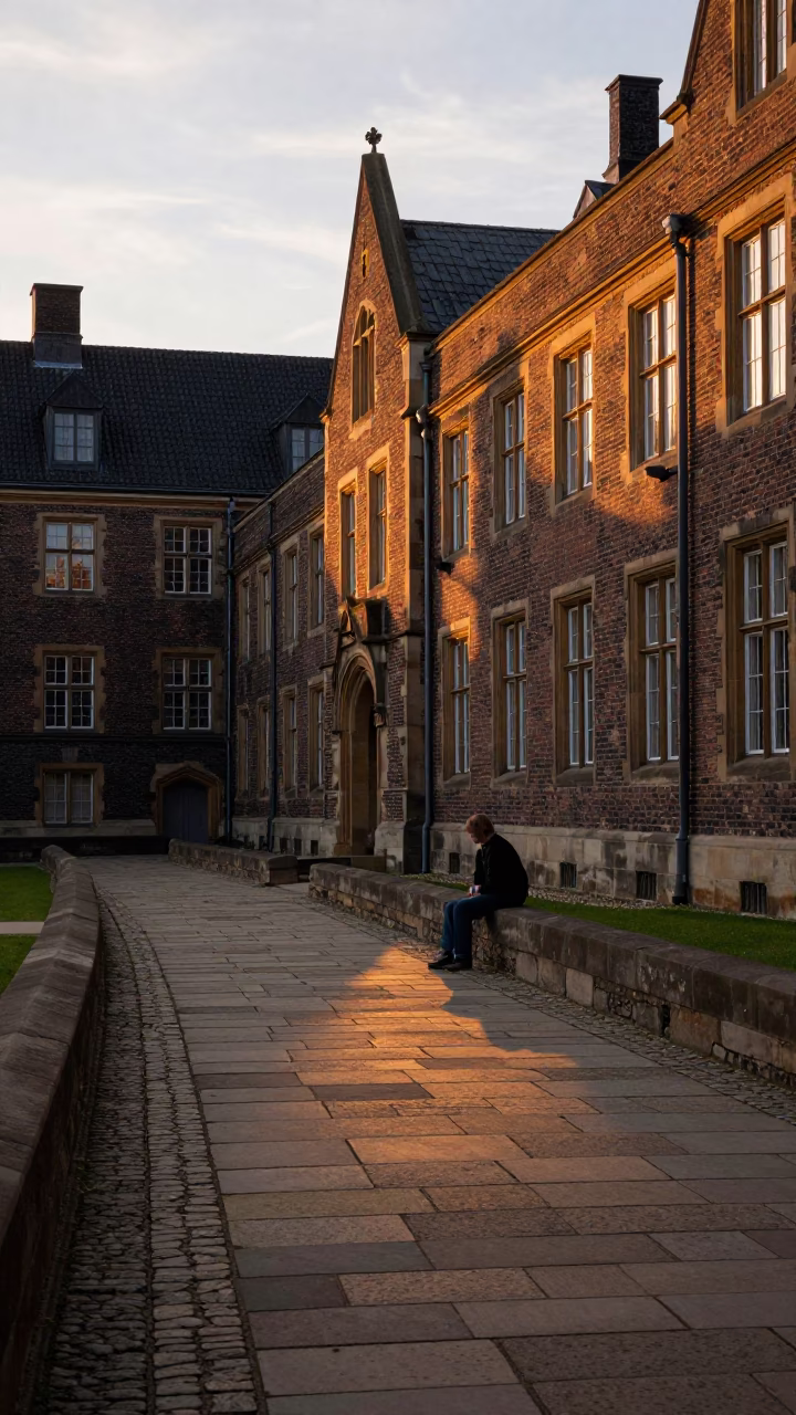 Copenhagen University Cloister Walkway at Sunset with Stone Architecture in in Copenhagen, Denmark