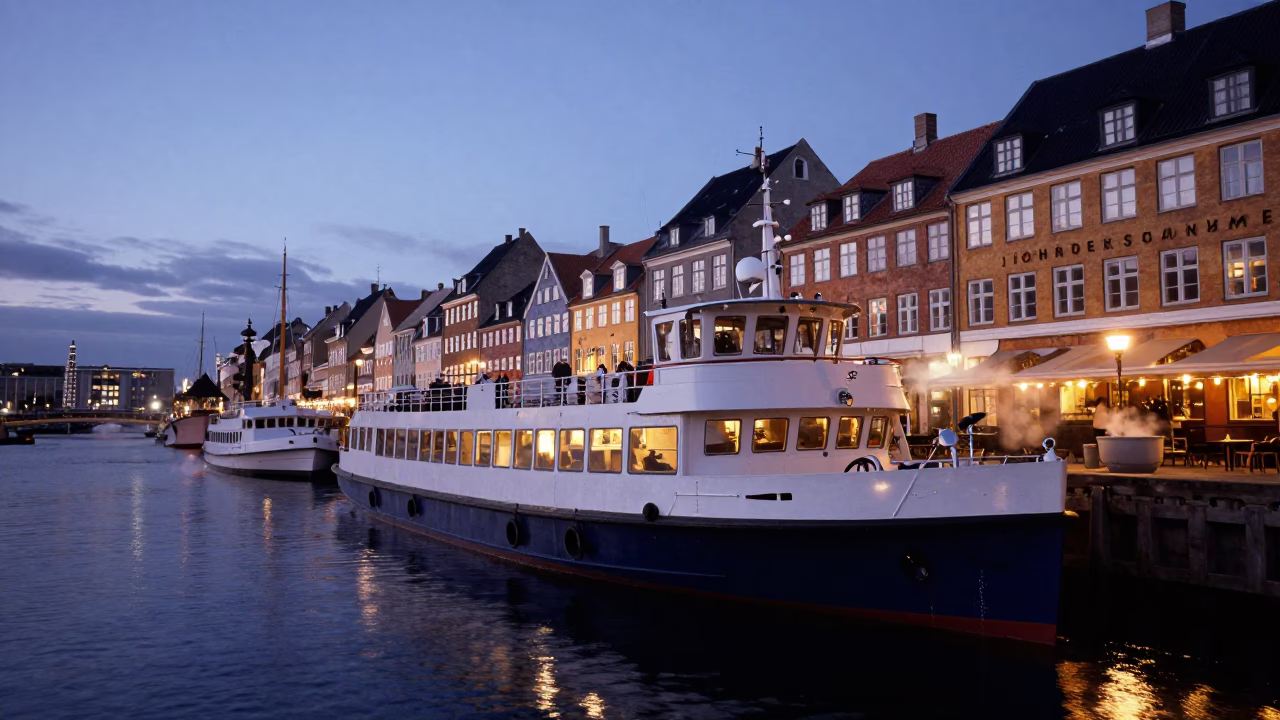 Copenhagen Water Taxi Dock at Indigo Twilight with Steam and Night-Light in in Copenhagen, Denmark