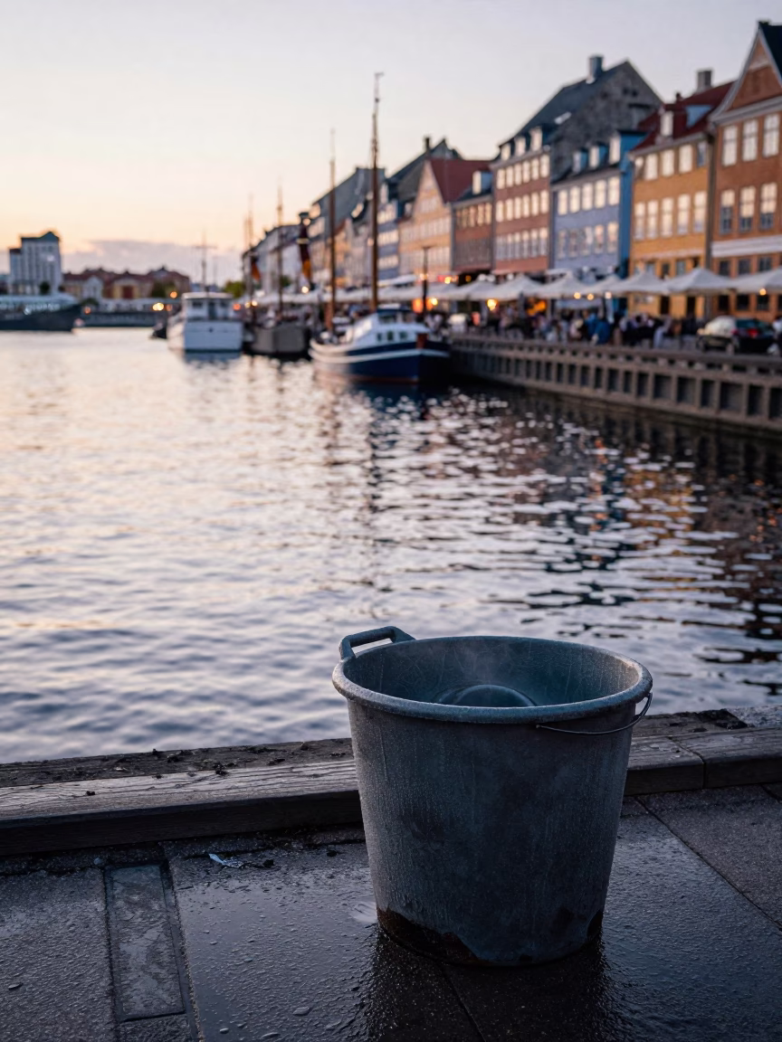 Copenhagen waterfront pre-dawn scene with condensation on bucket and coastal breakwater beacons in in Copenhagen, Denmark
