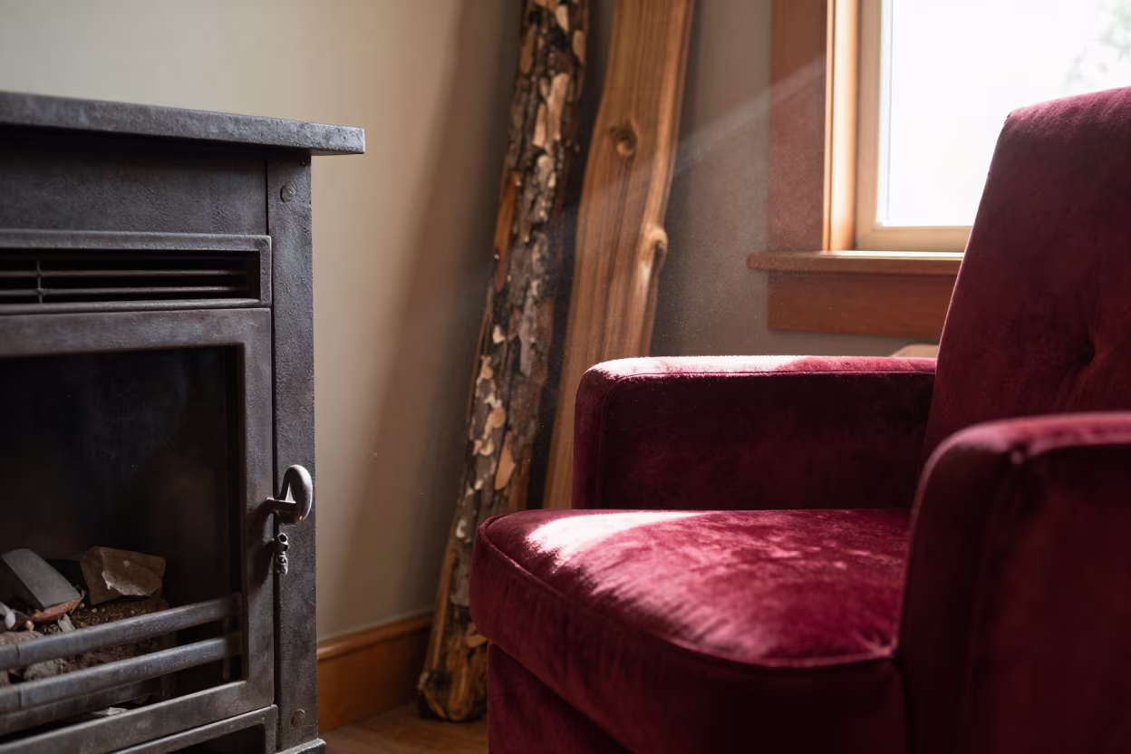 Copper afternoon light on iron fireplace velvet chair in on a velvet chair in Cipolletti