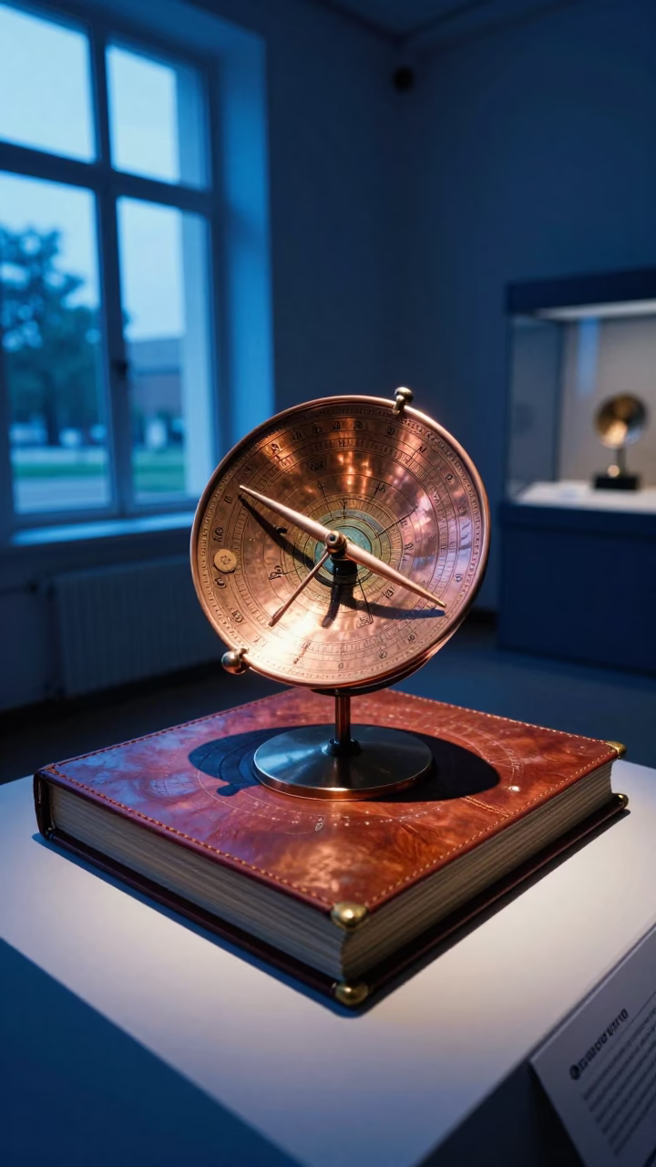 Copper Astrolabe on Leather Book at Twilight in on a museum plinth near Asaba