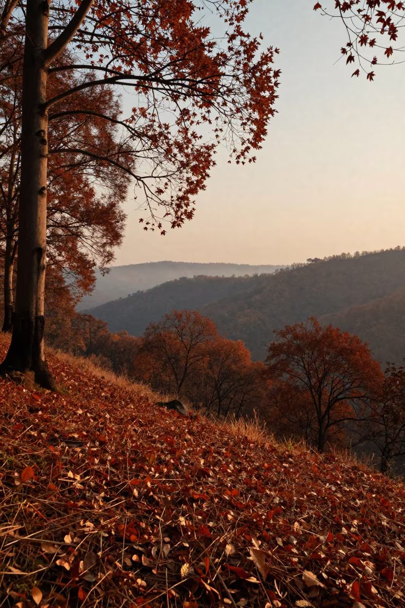 Copper Beech Forest Ridge Gujarat Golden Hour in from a ridge above layered foothills in Gujarat