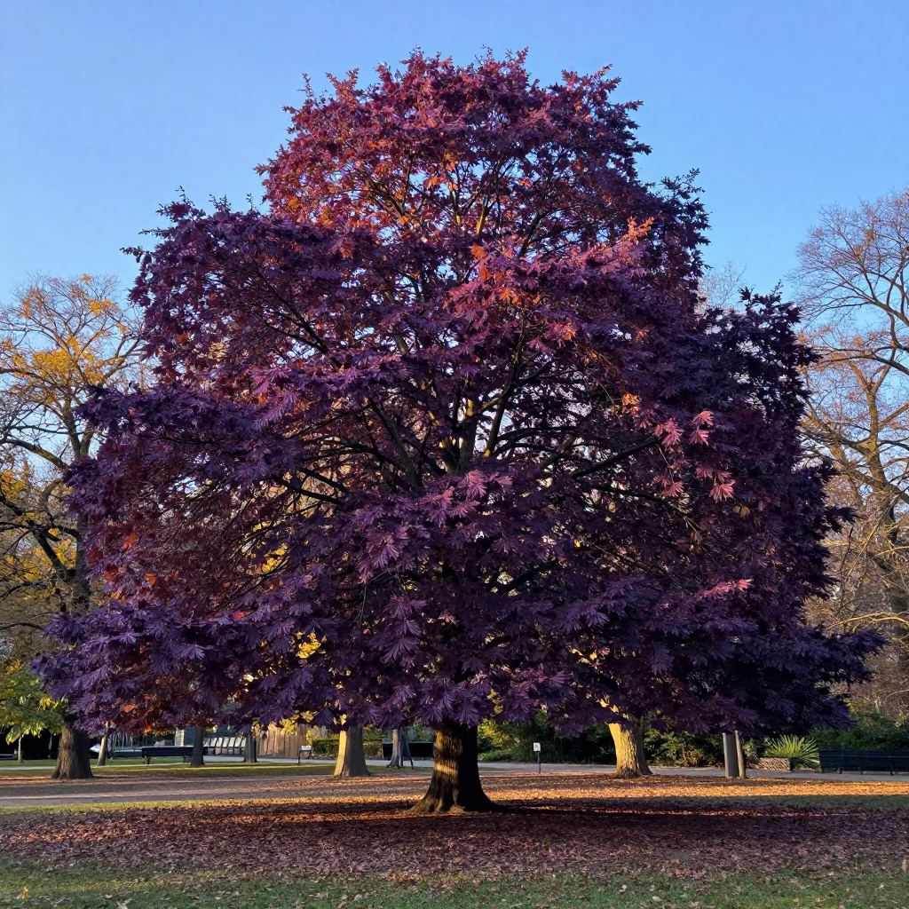 Copper Beech Tree in Berlin Parkland Late Afternoon Sunlight in in Berlin, Germany
