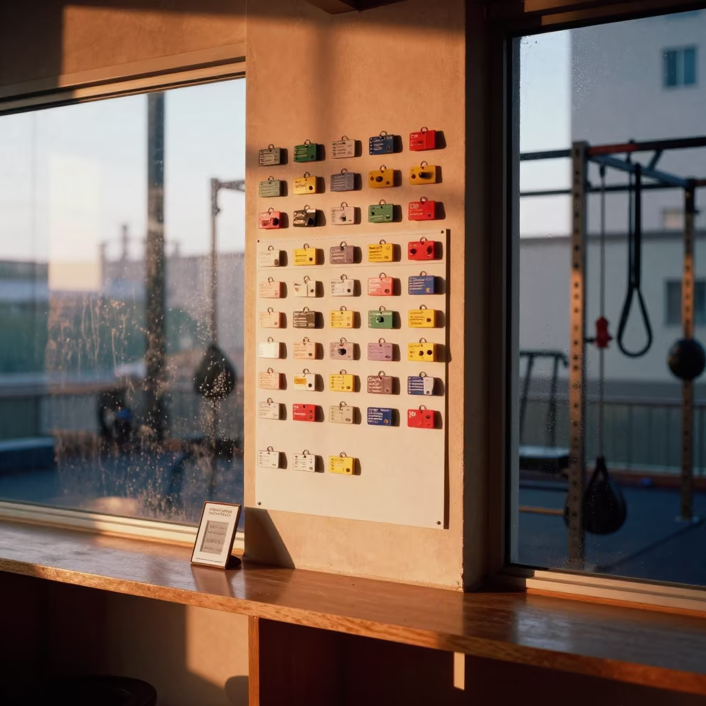Copper Belay Tag Board at Gym Desk in at a gym check-in desk in Hefei