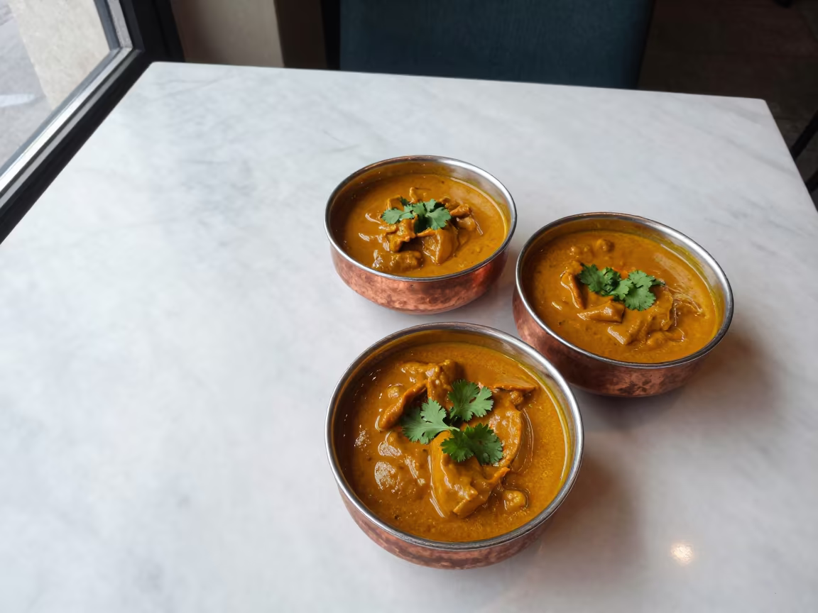 Copper Bowls of Indian Curry on Marble Table in on a marble cafe table in Poznan