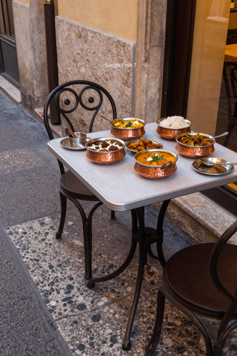 Copper Bowls of Indian Curry on a Cafe Table in Nice France Evening Light in in Nice, France