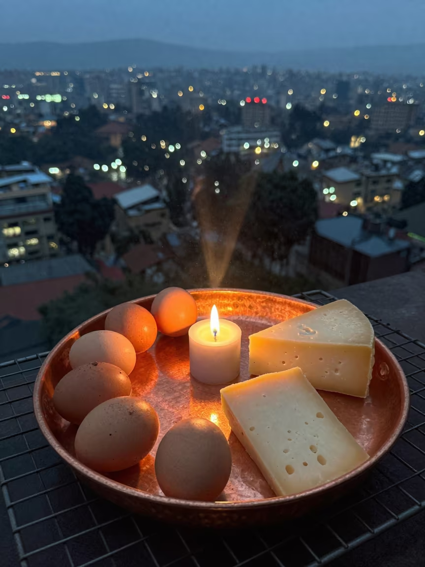 Copper Breakfast Tray with Eggs and Cheese in on a bakery cooling rack in Entoto, Addis Ababa
