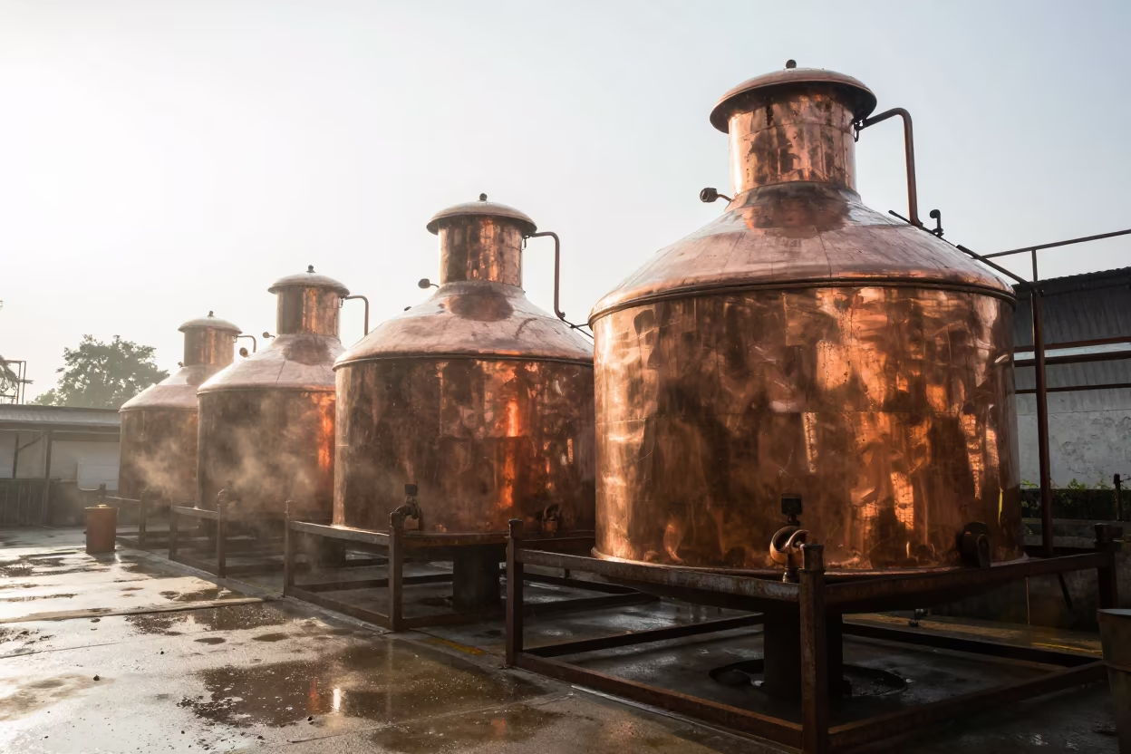 Copper Brew Kettles on Scaffold in Bhopal Monsoon in on a scaffold platform near Bhopal