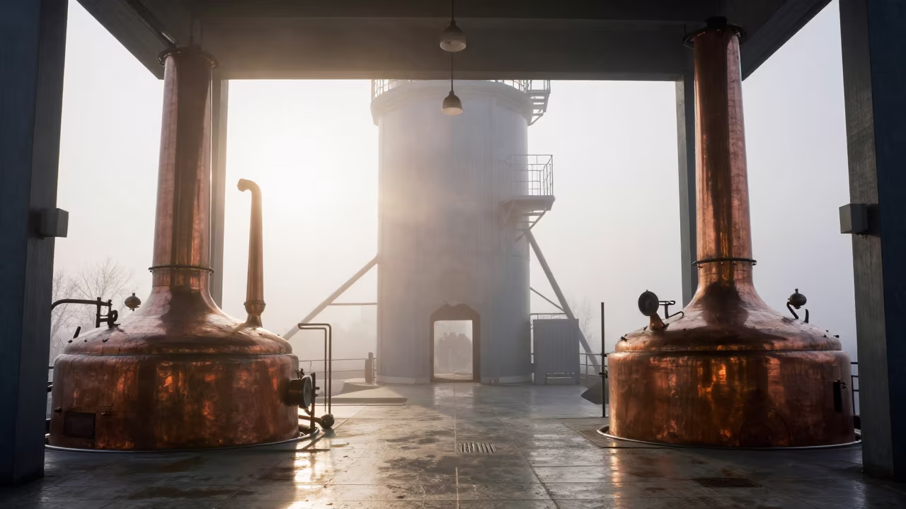 Copper Brew Kettles in Winter Dawn Grain Elevator in inside a grain elevator near El Rosario de Soapire