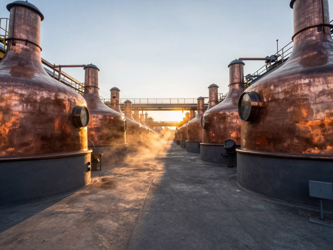 Copper Brewery Kettles Moscow Golden Hour in on a factory floor near Gorky Park, Moscow
