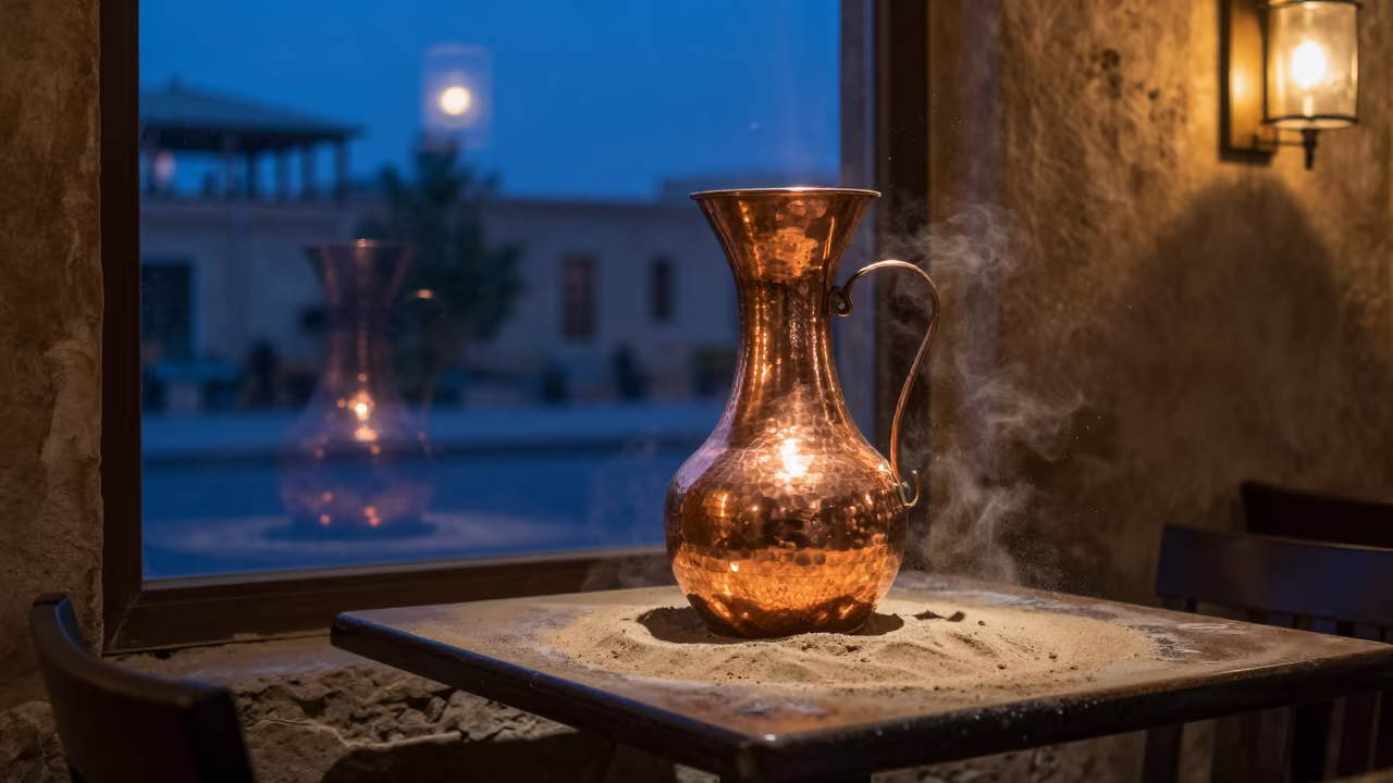 Copper Cezve on Cafe Table in Diyarbakir Twilight in on a small cafe table by a window in Diyarbakir