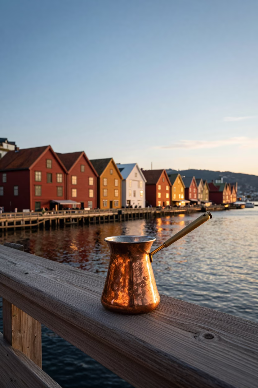 Copper Cezve in Bergen at Sunset Light in in Bergen, Norway