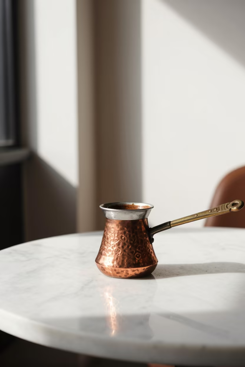 Copper Cezve on Marble Table in Makassar Cafe in on a marble cafe table in Makassar
