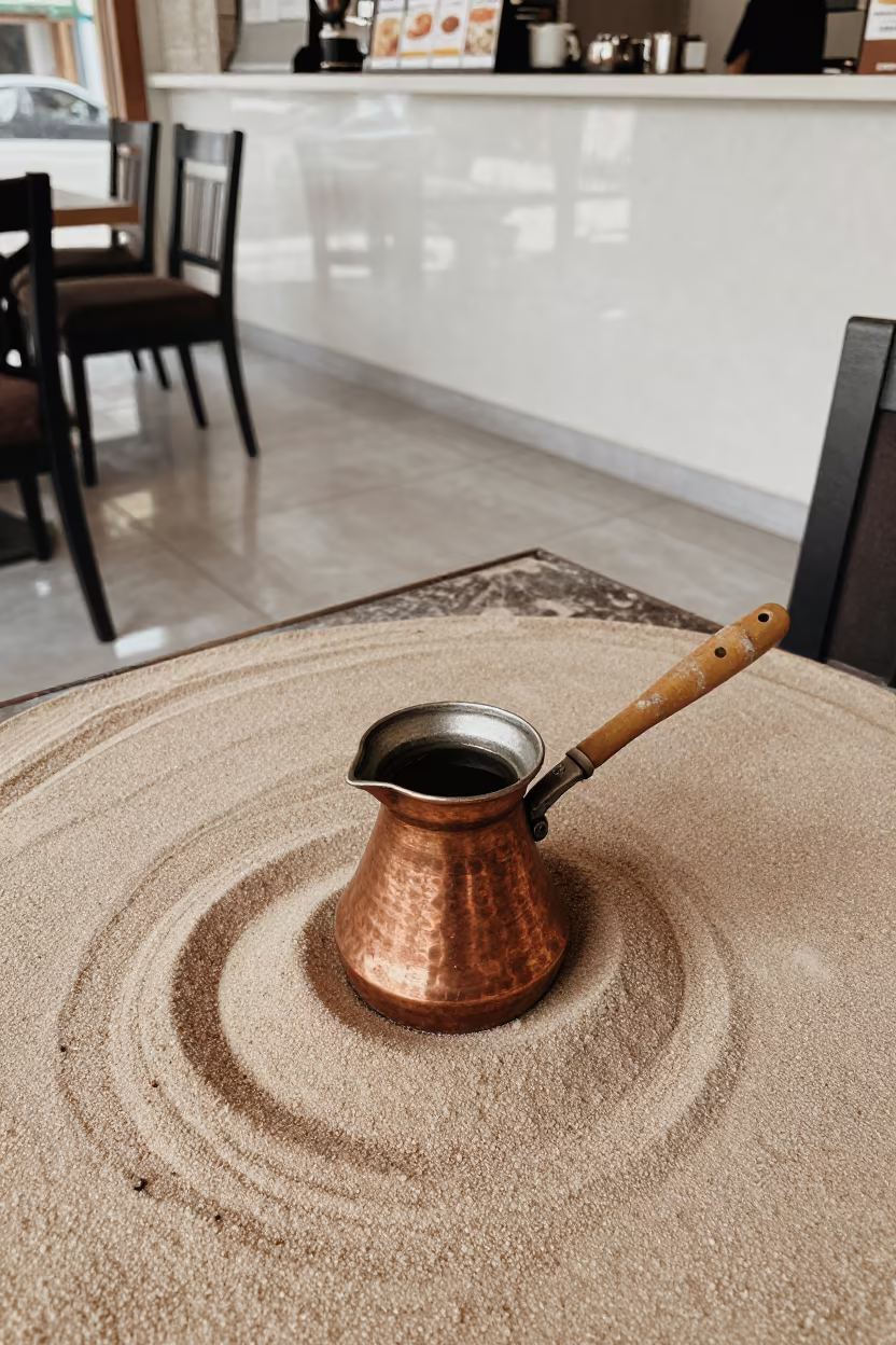 Copper Cezve on Sand Table Midday in on a small cafe table by a window in Kırıkkale