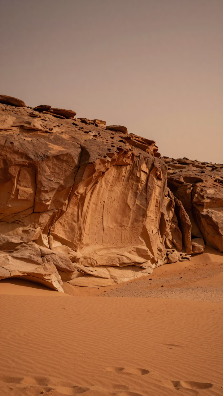 Copper Cliff Varnish Petroglyphs Doha Valley in across a wide valley floor near Doha