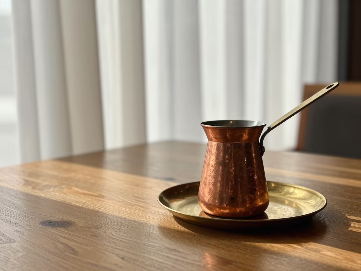 Copper Coffee Pot on Brass Plate in Faiyum Cafe in on a small cafe table by a window in Faiyum