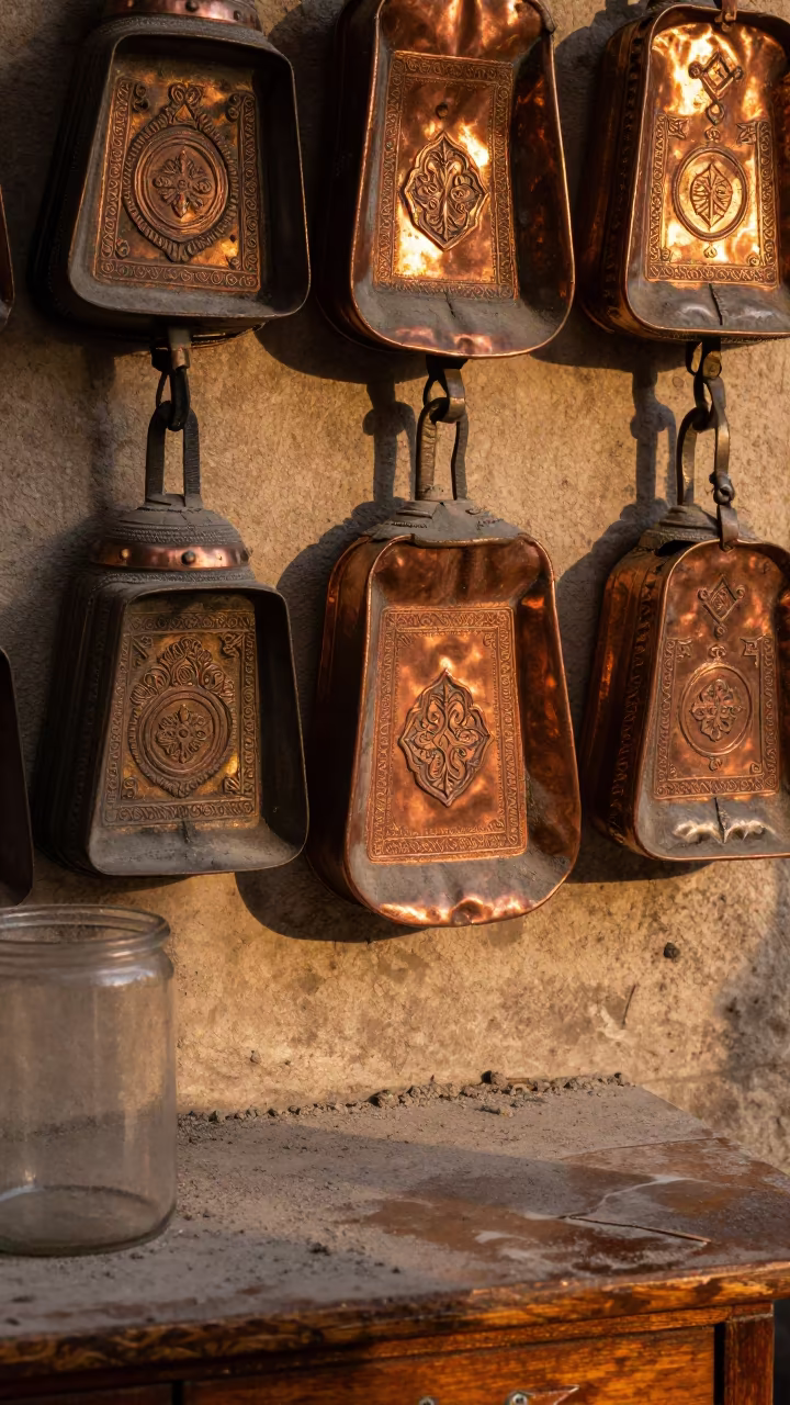 Copper Cookie Molds on Dusty Library Table in on a dusty library table near Tabriz