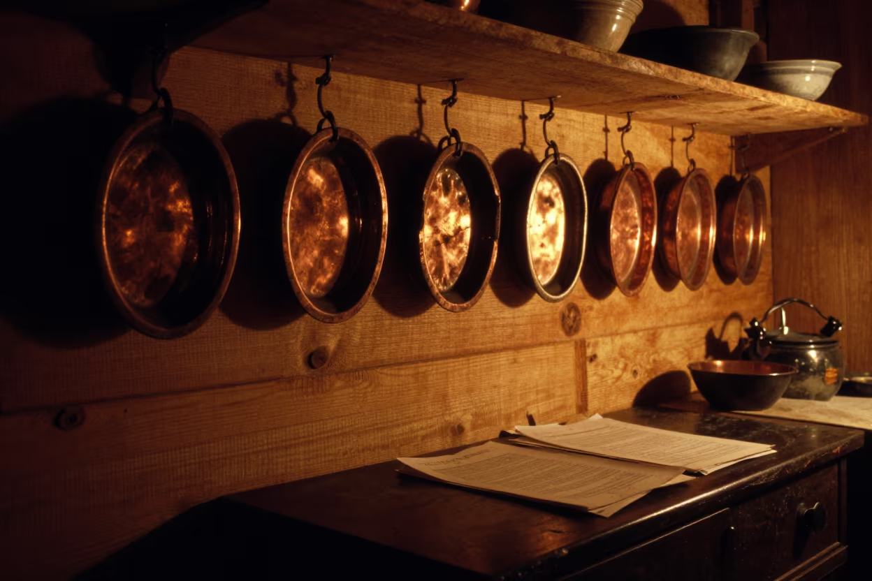 Copper Cookie Molds on Desk in Kokshetau Kitchen in on a writing desk in Kokshetau