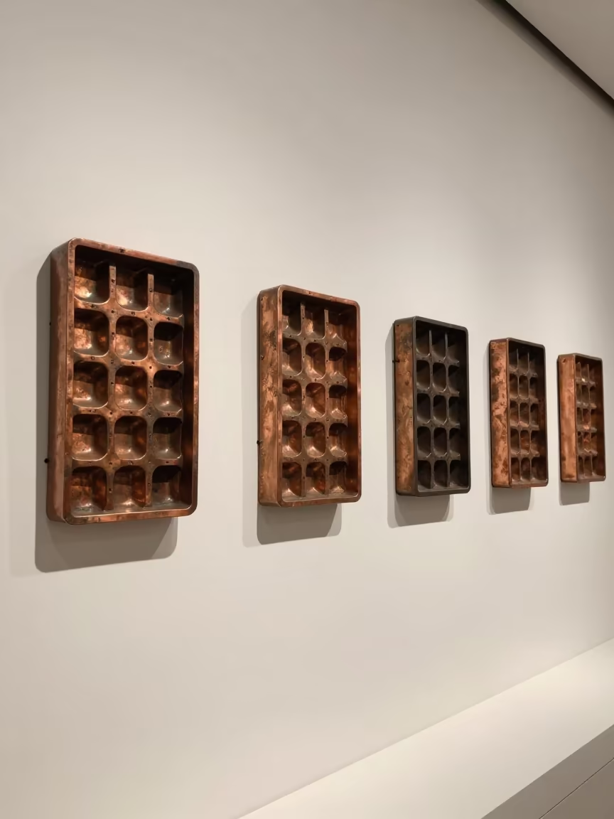 Copper Cookie Molds on Shanghai Museum Plinth in on a museum plinth near Jing'an, Shanghai