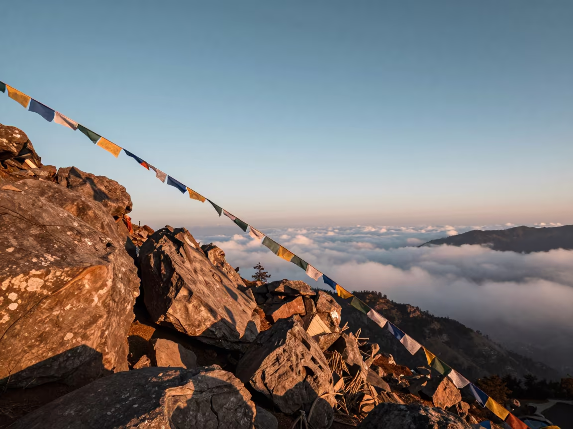Copper Dawn Clouds Over Shimla Ridge in on a wind-cut ridge below prayer flag lines near Shimla