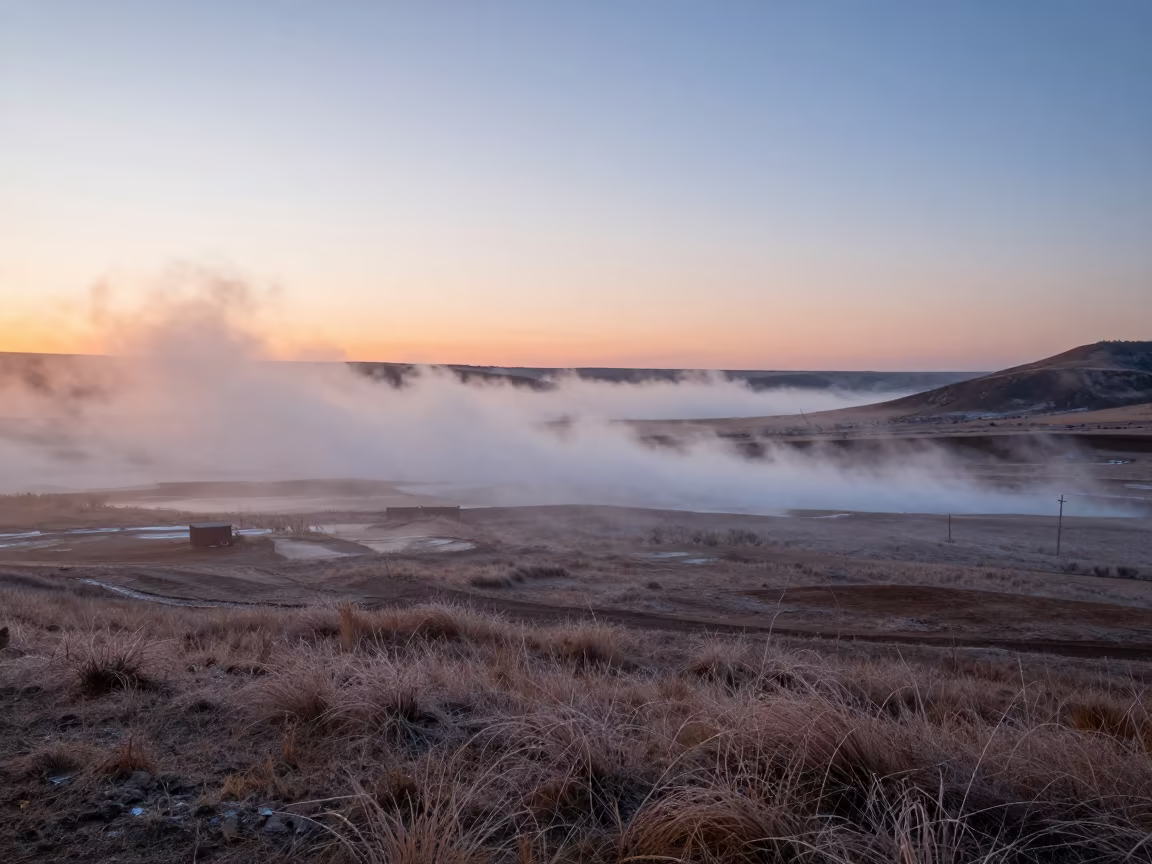 Copper Dawn Mist Trapped in Bishkek Valley in across a storm-bright plain near Bishkek