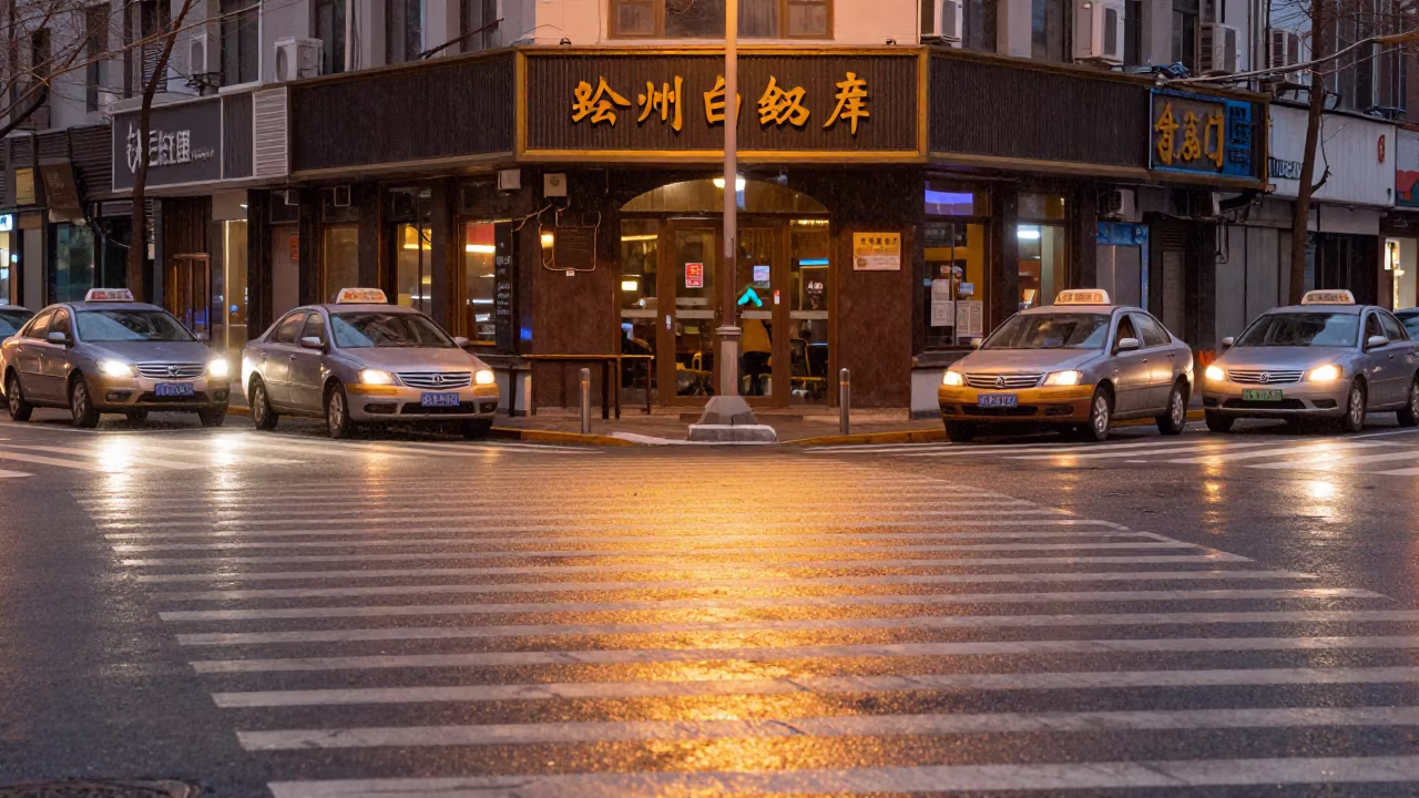 Copper Dawn Sleet on Taiyuan Crosswalk in outside a corner cafe in Taiyuan
